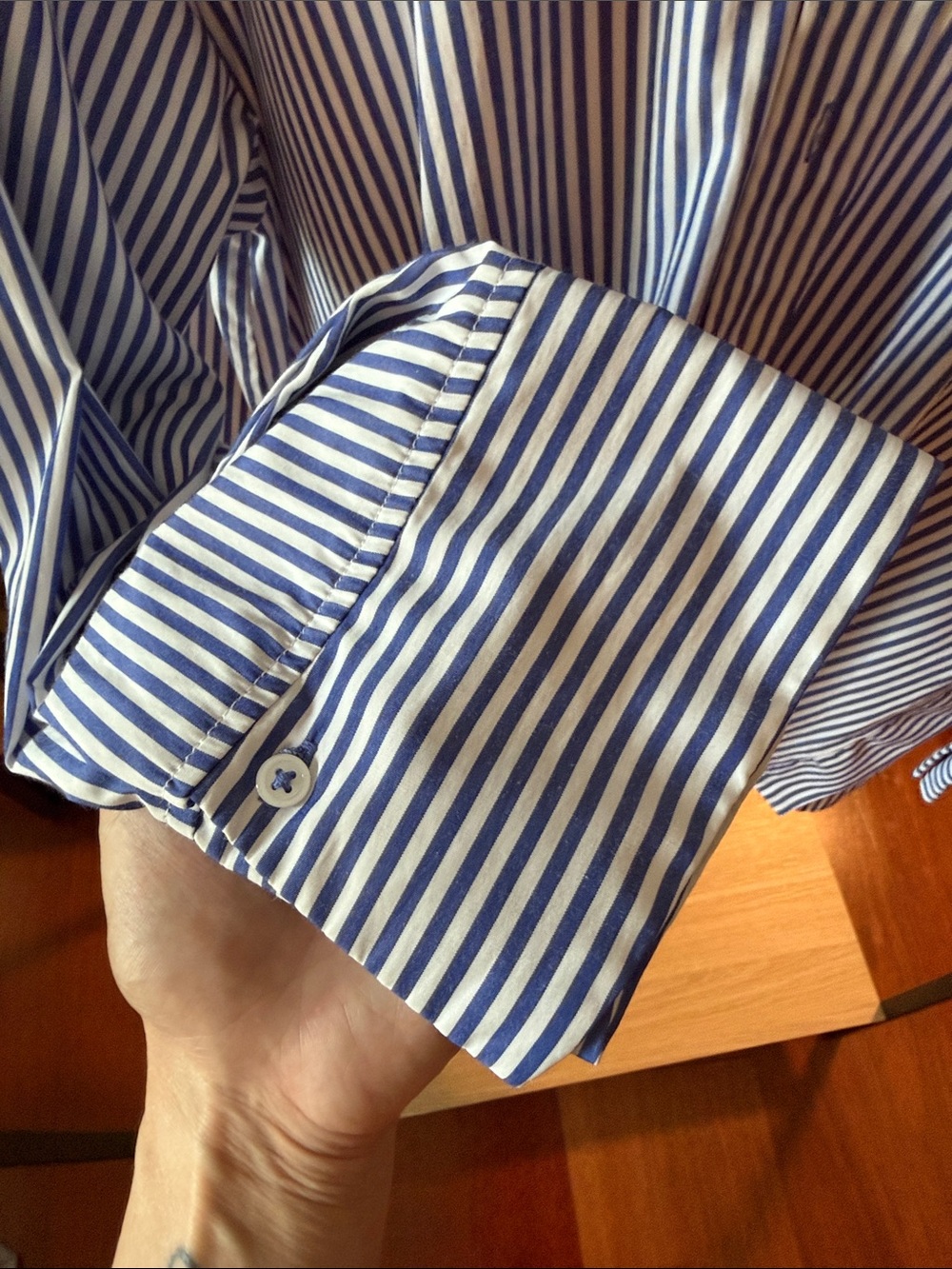 Zara women's Navy & White Vertical Stripe Dress Shirt - Picture 3 of 4